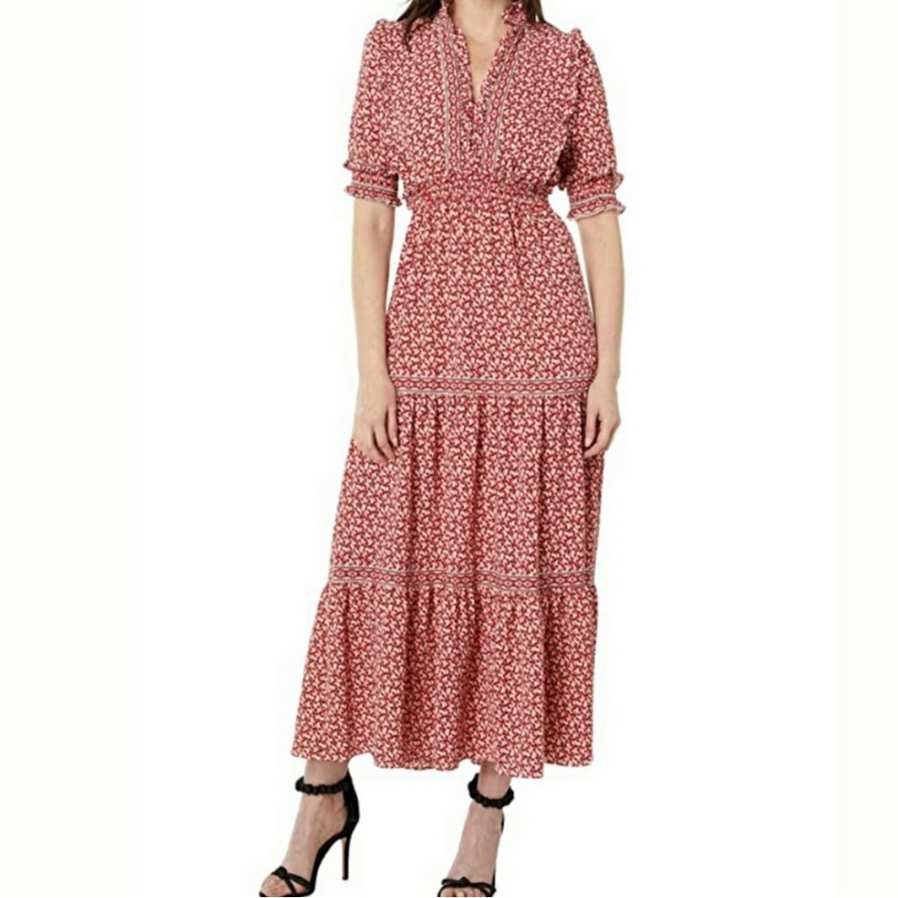 Max Studio Ruffle Collar Red Print Tiered Maxi Dress L